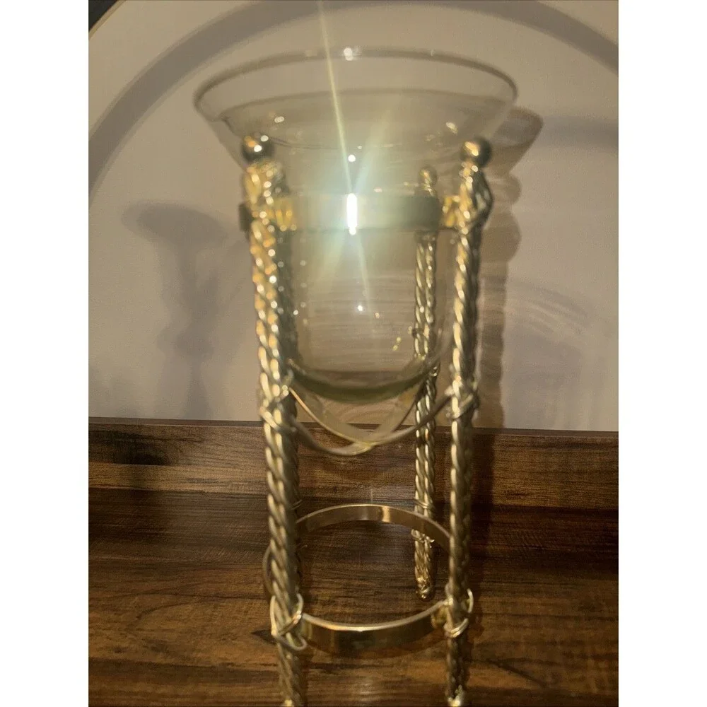 Vtg Brass Candle Stand Holder Twisted Rope Design with Glass Bowl 11